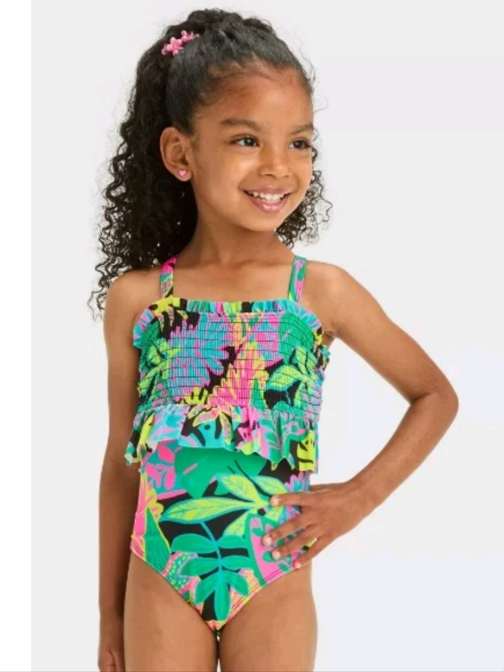 Cat & Jack Girls Tropical Ruffle Peplum One-Piece Swimsuit - Green & Pink 3T